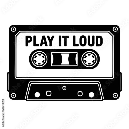Monochrome vector illustration of a cassette tape with the words "PLAY IT LOUD", ideal for themes of music, retro, or sound.