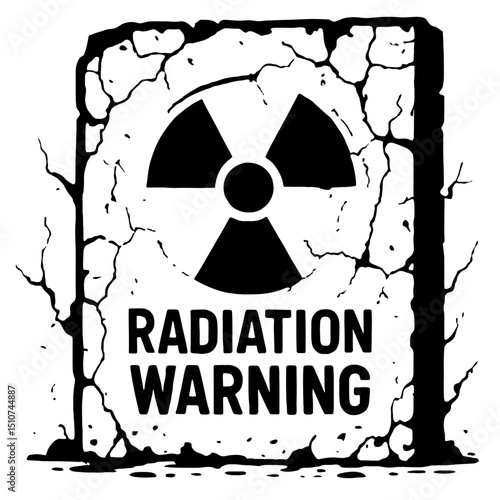 Monochrome vector illustration of a rectangular sign with a radioactive symbol and the text "RADIATION WARNING" on a cracked, distressed background, ideal for themes of danger, radioactivity, or hazar