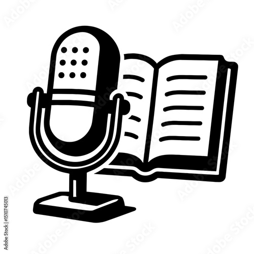 Monochrome vector illustration of a vintage-style microphone next to an open book, ideal for themes of podcasting, audiobooks, or public speaking.