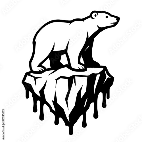 Monochrome vector illustration of a polar bear standing on a melting ice floe, ideal for themes of climate change, endangered species, or arctic wildlife.