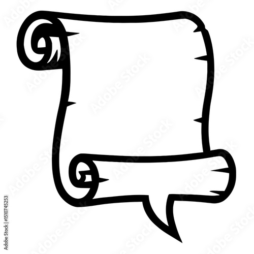 Monochrome vector illustration of a parchment scroll in the shape of a speech bubble, ideal for themes of communication, ancient texts, or announcements.