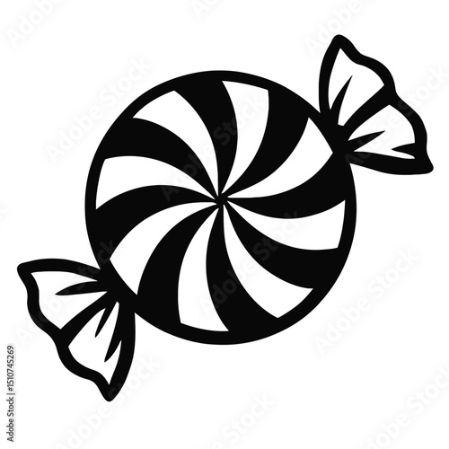 Monochrome vector illustration of a wrapped peppermint hard candy with swirl design, ideal for themes of sweets, treats, or holidays.