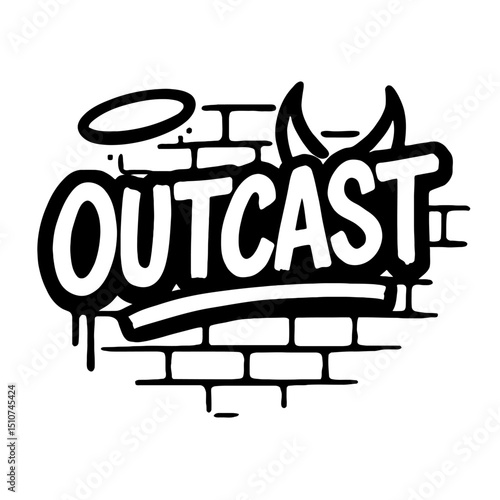 Monochrome vector illustration of "OUTCAST" graffiti on a brick wall with angel halo and devil horns, ideal for themes of rebellion, urban art, or duality.
