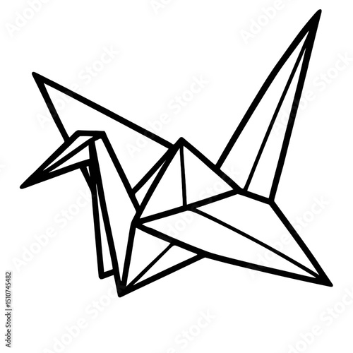 Monochrome vector illustration of a geometric origami crane, ideal for themes of peace, art, or Japanese culture.