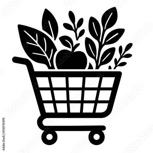 Monochrome vector illustration of a shopping cart filled with fresh produce and groceries, ideal for themes of healthy eating, retail, or sustainability.