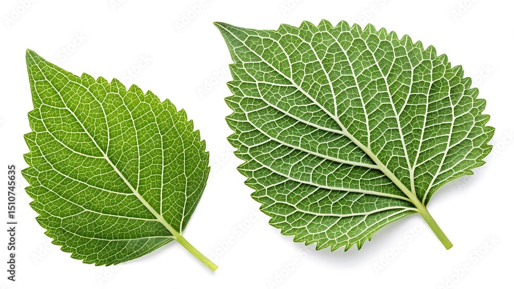 Obraz premium Two green hydrangea leaves isolated on white background
