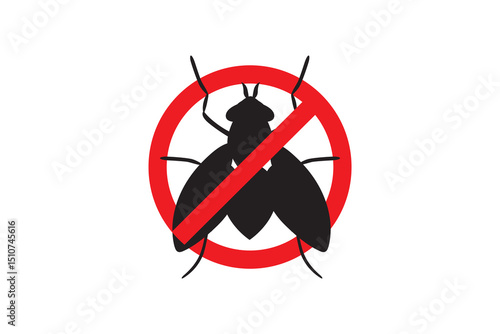 No fly icon with black silhouette and red prohibition sign for pest control.
