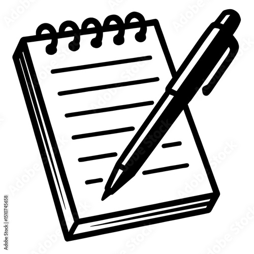 Monochrome vector illustration of a spiral-bound writing pad with a pen, ideal for themes of education, notes, or office work.