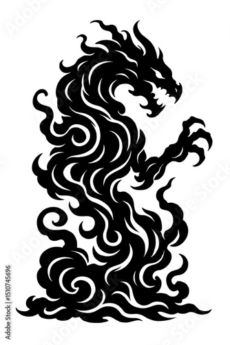 Monochrome vector illustration of a tribal flame dragon, ideal for themes of mythology, power, or fantasy art.