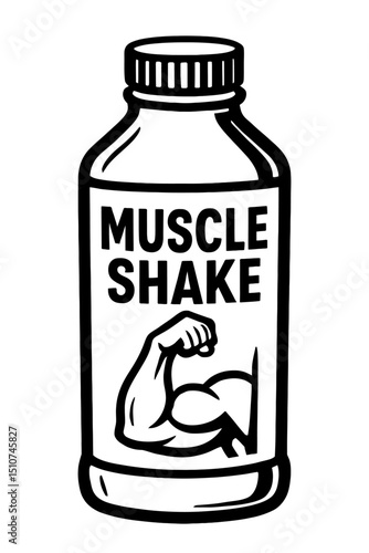 Monochrome vector illustration of a muscle shake bottle with a bicep icon, ideal for themes of fitness, nutrition, or health.