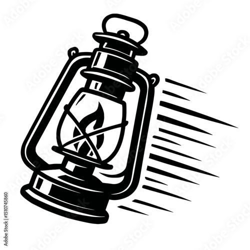 Monochrome vector illustration of a vintage kerosene lamp with motion lines, ideal for themes of illumination, rustic charm, or retro design.