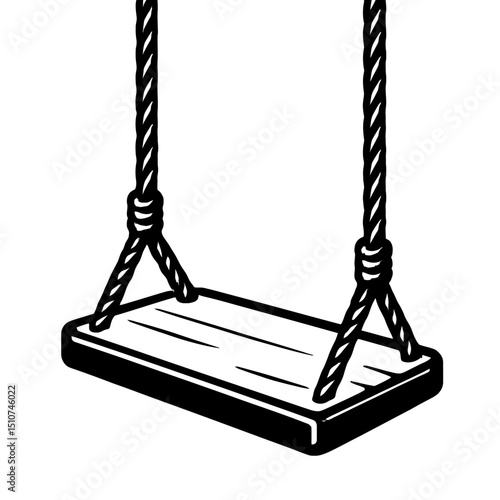 Monochrome vector illustration of a classic wooden swing, ideal for themes of childhood, recreation, or playgrounds.