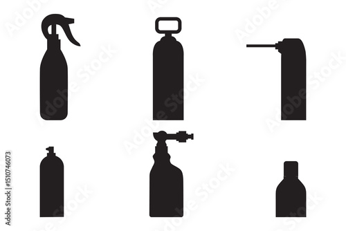 Set of black spray bottle icons for pest control and cleaning purposes.