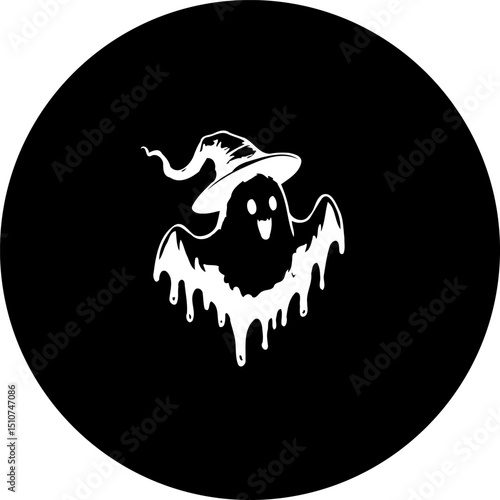 Halloween themed ghost silhouette art within a round dark background design