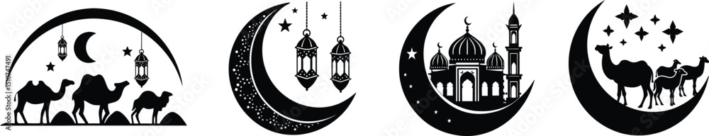 Naklejka premium Black-and-white silhouette set of a traditional eid ul adha, featuring a crescent moon, mosque, camel and goat animals 