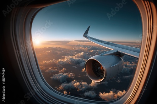Beautiful sunset view from an airplane window during a flight over clouds