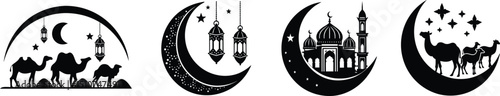 Black-and-white silhouette set of a traditional eid ul adha, featuring a crescent moon, mosque, camel and goat animals 