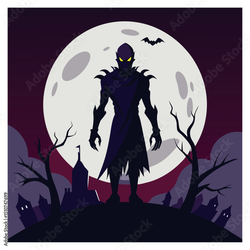 Vector illustration of a romantic couple in silhouette, kissing under a starry moonlit sky with a heart
