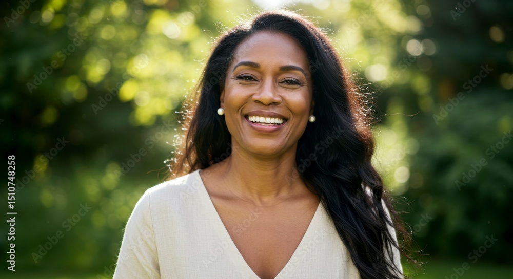 A smiling woman with long dark hair, wearing a light beige top, outdoors in a park setting A smiling woman with long dark hair, wearing a light beige top, outdoors in a park setting