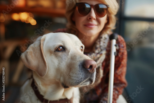 A heartwarming portrait of a visually impaired woman and her loyal Labrador guide dog. This image captures a beautiful moment of companionship and trust between human and animal.