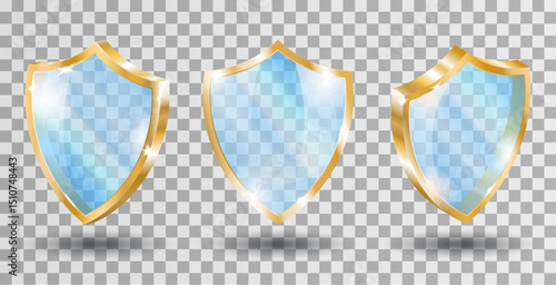 Transparent glass shields with gold edging. Realistic blue acrylic panels with reflections and light sparkles Front and side view. Vector illustration
