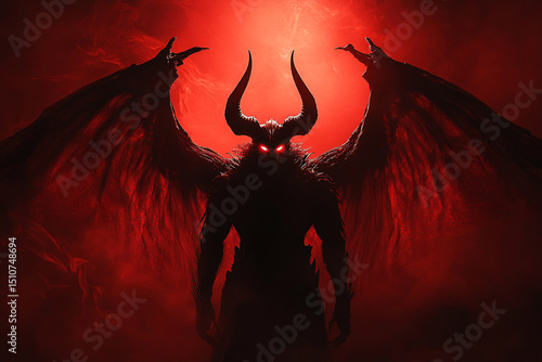 A winged demon with long horns and glowing eyes silhouette
