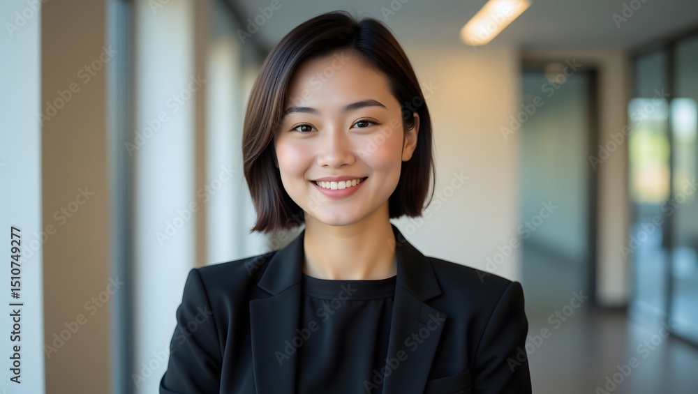 Confident young businesswoman, radiating positivity and success. A portrait showcasing professionalism and a bright, friendly smile in a modern office setting. Confident young businesswoman, radiating positivity and success. A portrait showcasing professionalism and a bright, friendly smile in a modern office setting.