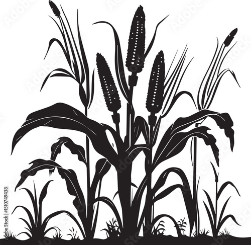 Silhouette of corn plant growing with leaves of vegetable harvest on white background