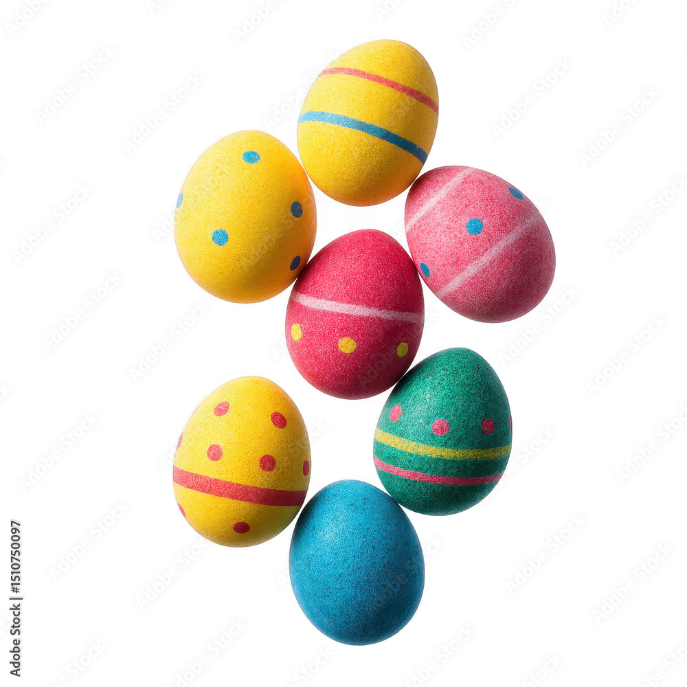 Fototapeta premium Colorful Easter eggs with vibrant patterns and polka dots are arranged in playful manner, showcasing festive and cheerful holiday theme