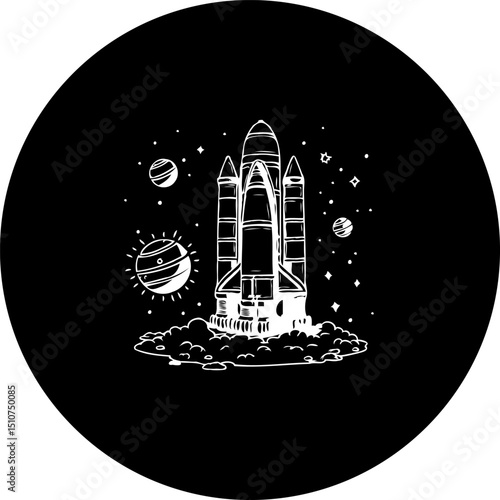 Stylized space shuttle ascent illustration in monochrome against dark backdrop