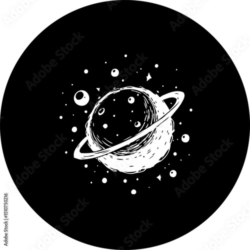 Minimalist Illustration of a Ringed Planet Amidst Cosmic Dust and Stars on Black
