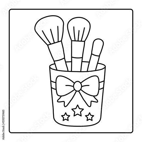 Cute Makeup Brushes in Decorative Holder Coloring Page – Fun Beauty-Themed Vector for Girls and Kids Activities