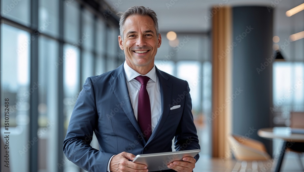 Fototapeta premium Smiling businessman holding tablet in office