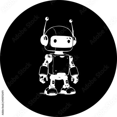 Monochrome robotic character illustration in a circular layout design