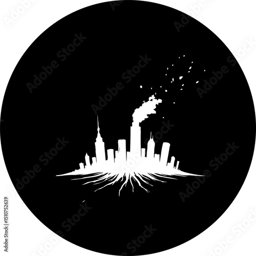 Abstract cityscape silhouette with root system and smoky emissions in black circle