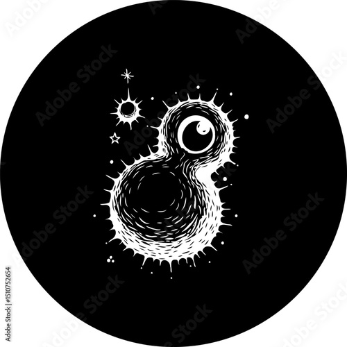 Monochromatic abstract artwork featuring a whimsical, eye-centered organic form