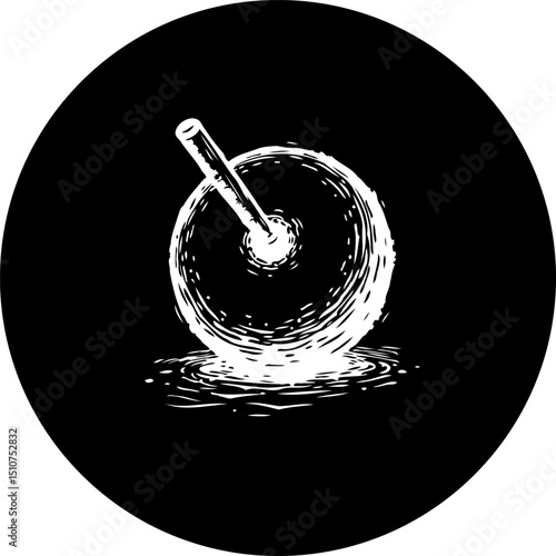 Abstract representation of a circular object with a stick inside, dark minimalist
