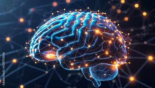 Conceptual AI brain with glowing neural network connections illustrating artificial intelligence, machine learning, and digital technology innovation