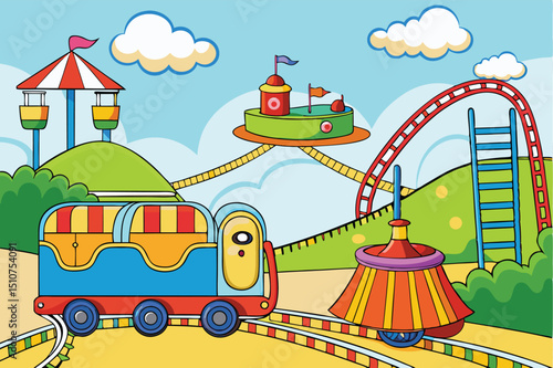 Amusement park train ride cartoon illustration