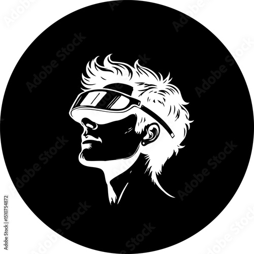 Monochrome depiction of a person with futuristic eyewear amidst dark backdrop