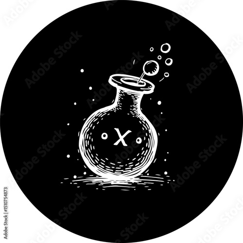 Mystical elixir in a dark spherical container, a captivating illustration of scientific alchemy
