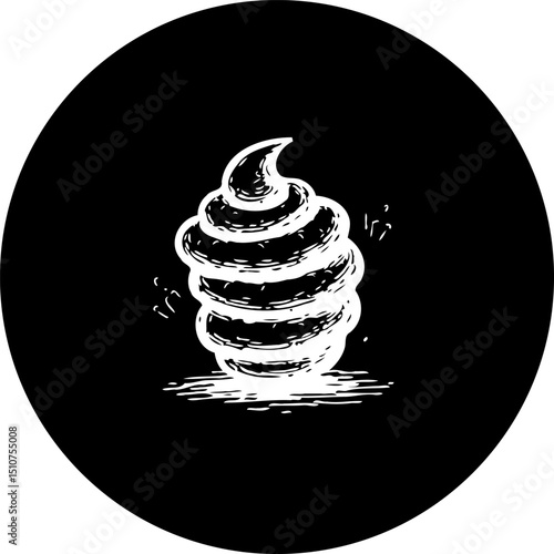 Minimalistic stylized swirl in dark space, evoking playful energy and depth