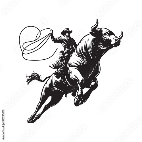 Bull Rodeo Showdown – Cowboy Riding a Bucking Bull in Action

