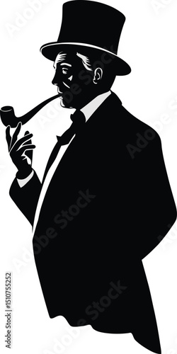 A stylish silhouette illustration of a gentleman smoking a pipe, dressed in formal attire. The design exudes elegance and sophistication, capturing a classic and timeless look.