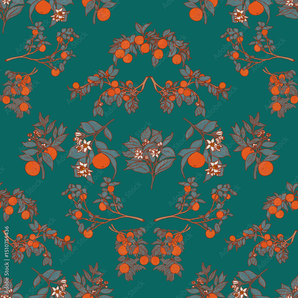Obraz premium Summer lush fruit garden pattern. Botanical succulent foliage wallpaper. Folk orchard print. Crocket oriental provence illustration. Boho oranges on emerald green backdrop
