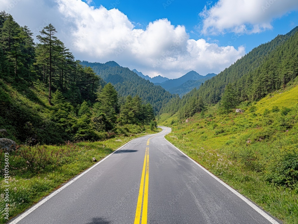 Fototapeta premium Winding road through serene mountainous forest landscape