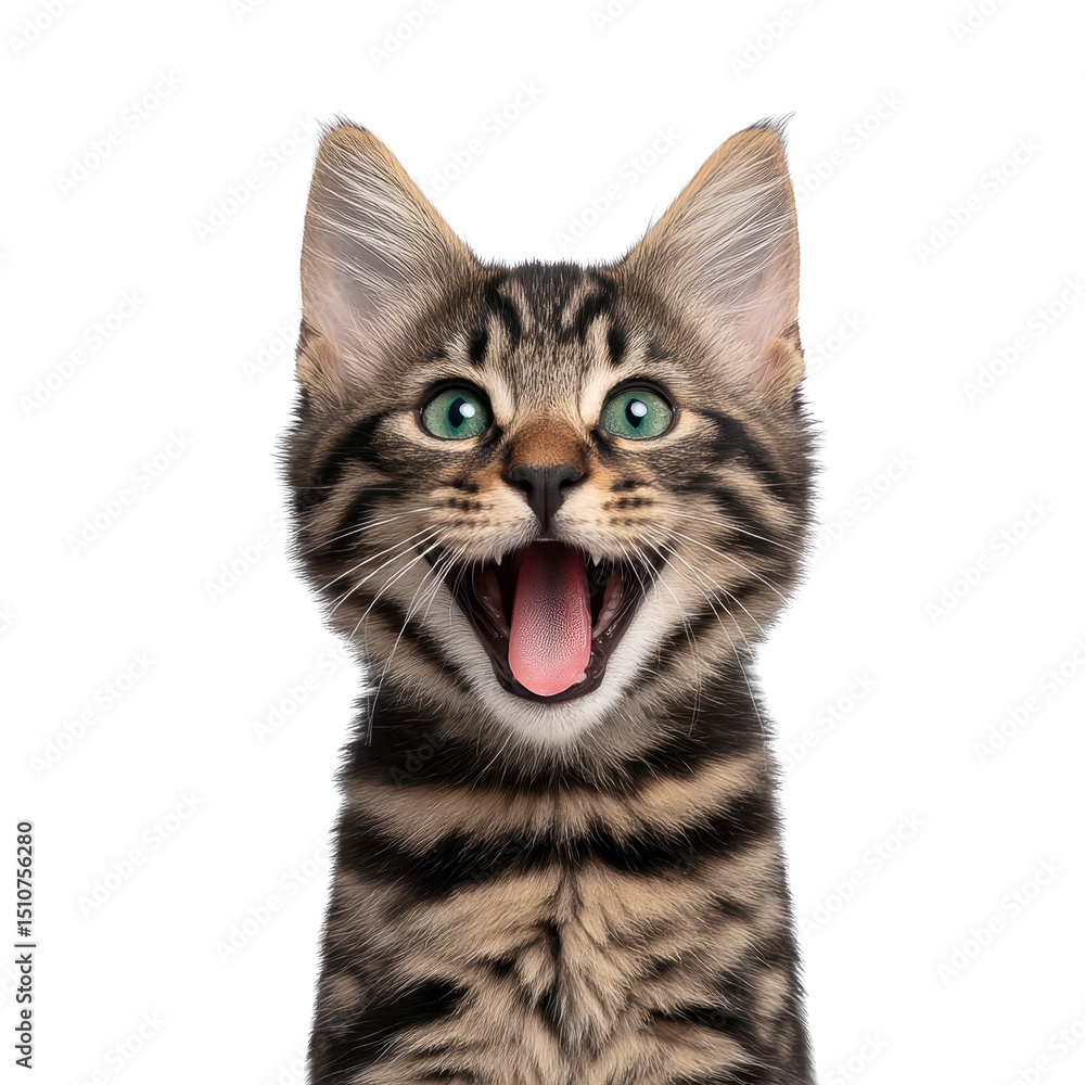 Fototapeta premium Joyful tabby cat with green eyes and open mouth, expressing excitement. cat fur features distinct black and brown stripes, and its ears are perked up, adding to its lively appearance