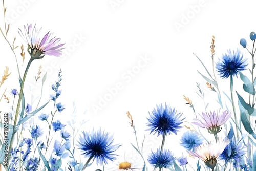 Watercolor wildflower border, white background, with white space on the left and right sides of the design