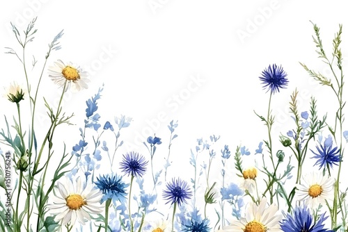 Watercolor wildflower border, white background, with white space on the left and right sides of the design
