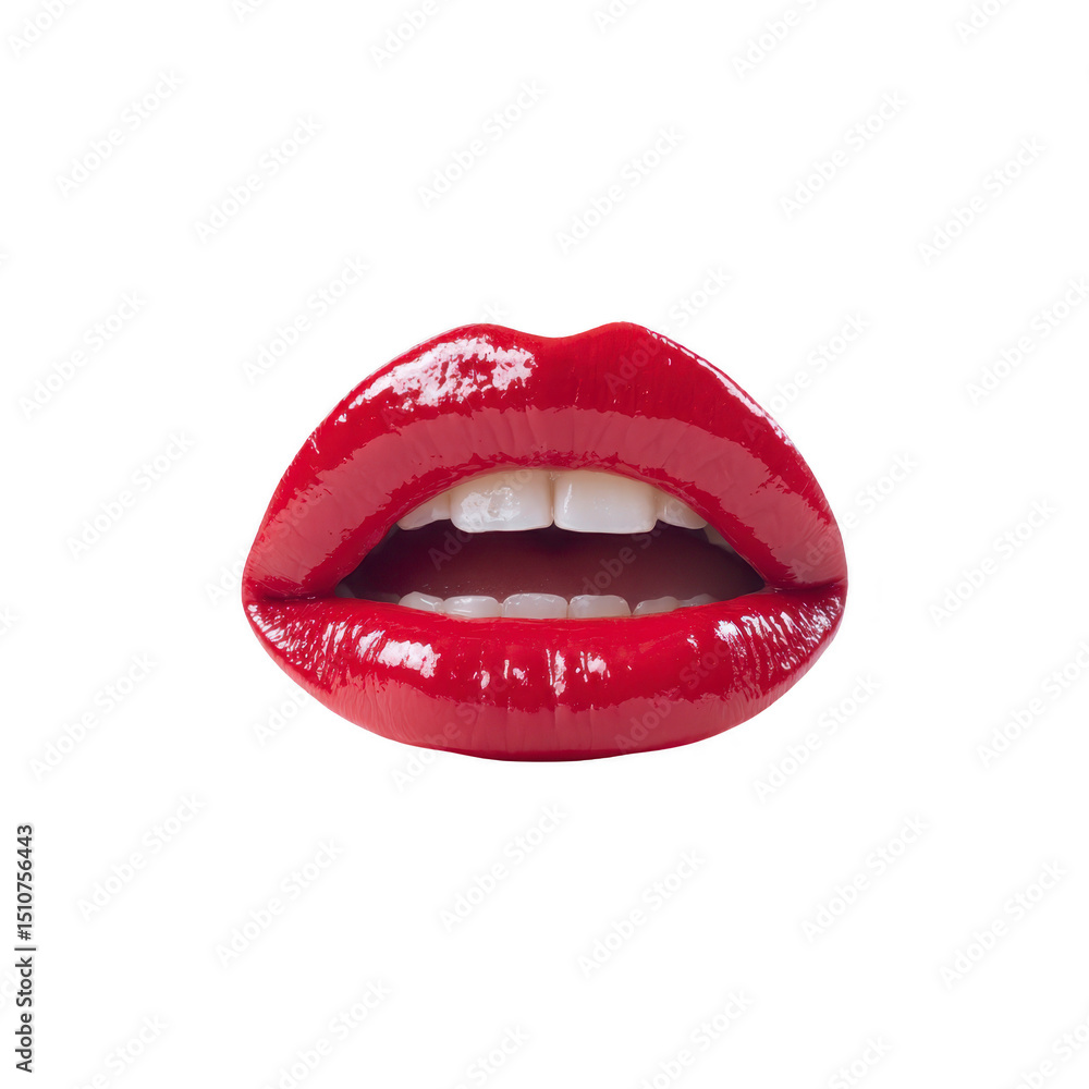 Glossy red lips with shiny finish, slightly parted to reveal white teeth, create bold and striking visual. vibrant color and smooth texture convey sense of glamour and allure Glossy red lips with shiny finish, slightly parted to reveal white teeth, create bold and striking visual. vibrant color and smooth texture convey sense of glamour and allure